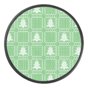 Cozy Christmas tree ugly sweater chequered pattern Hockey Puck