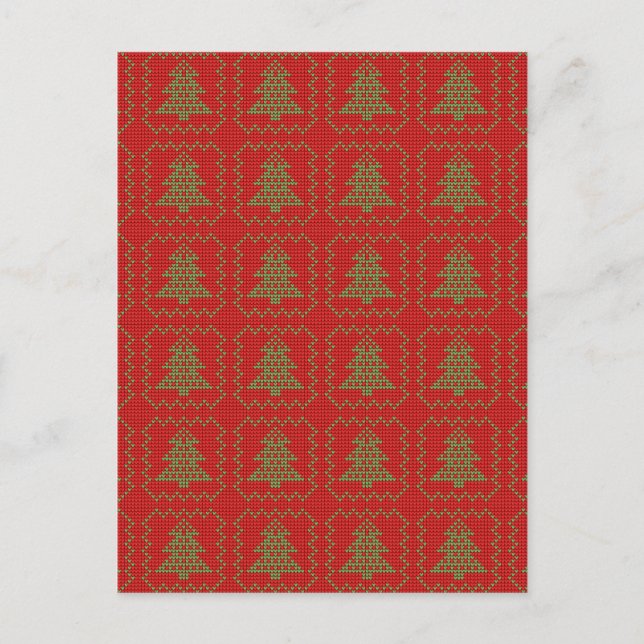 Cozy Christmas tree ugly sweater chequered pattern Holiday Postcard (Front)