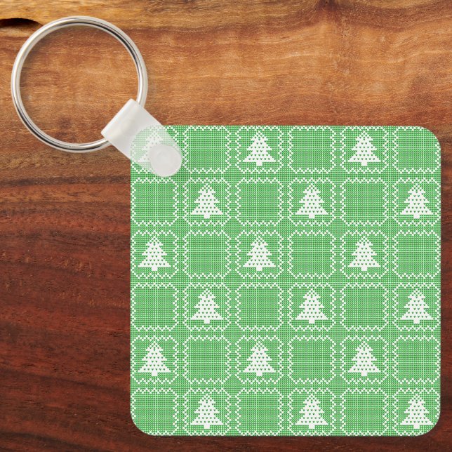 Cozy Christmas tree ugly sweater chequered pattern Keychain (Front)