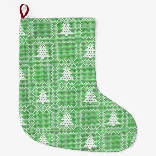Cozy Christmas tree ugly sweater chequered pattern Large Christmas Stocking