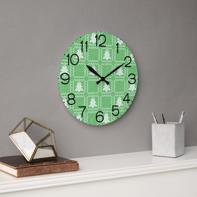 Cozy Christmas tree ugly sweater chequered pattern Large Clock (Office)
