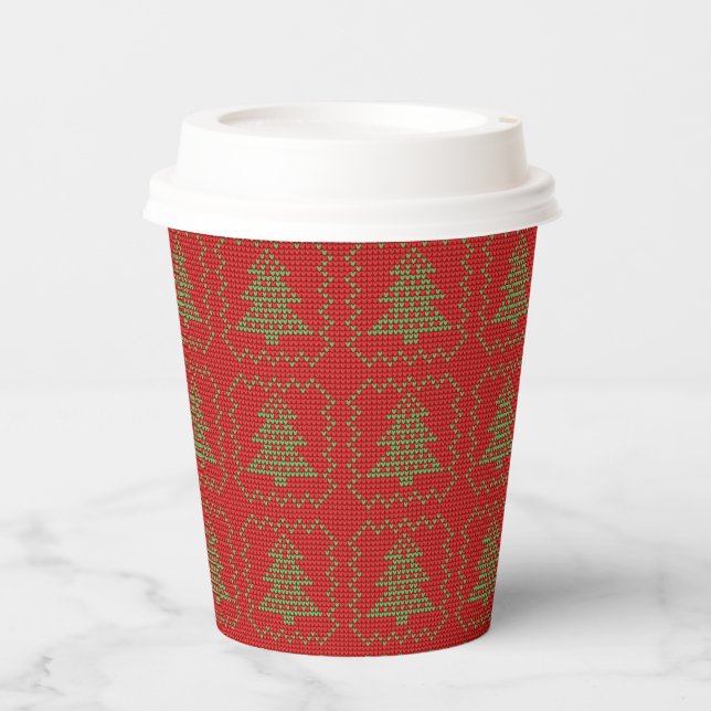 Cozy Christmas tree ugly sweater chequered pattern Paper Cups (Front)