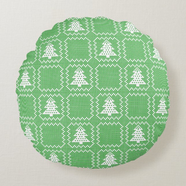 Cozy Christmas tree ugly sweater chequered pattern Round Pillow (Front)