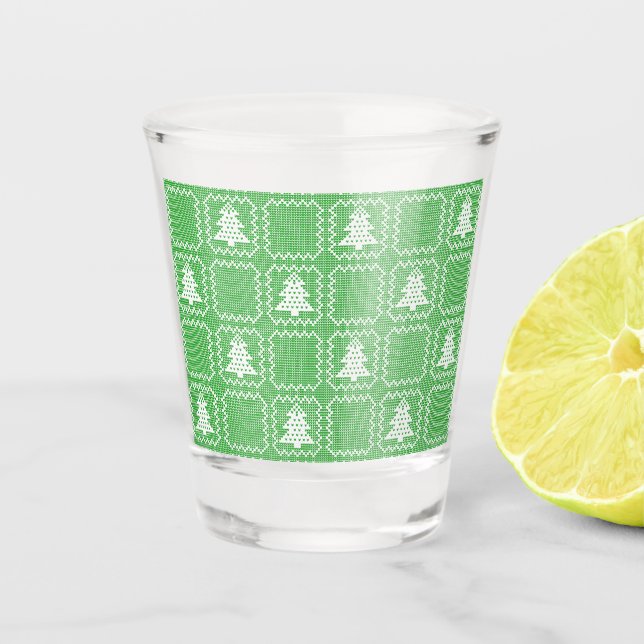 Cozy Christmas tree ugly sweater chequered pattern Shot Glass (Front)