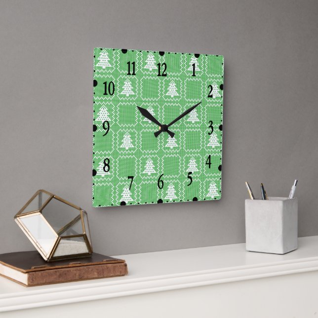 Cozy Christmas tree ugly sweater chequered pattern Square Wall Clock (Office)