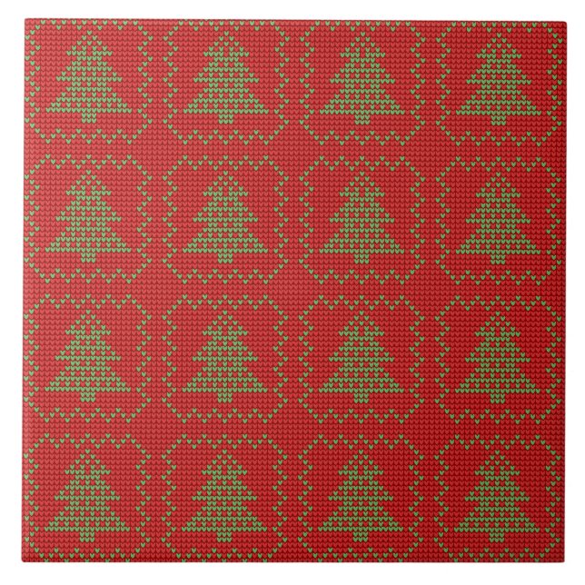 Cozy Christmas tree ugly sweater chequered pattern Tile (Front)