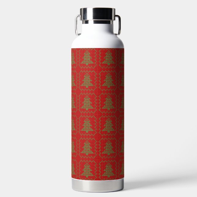 Cozy Christmas tree ugly sweater chequered pattern Water Bottle (Front)