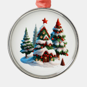 Cozy Christmas Treehouse Metal Ornament