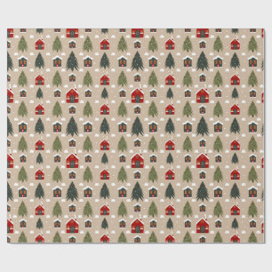Cozy Christmas Village and Pine Trees Wrapping Paper