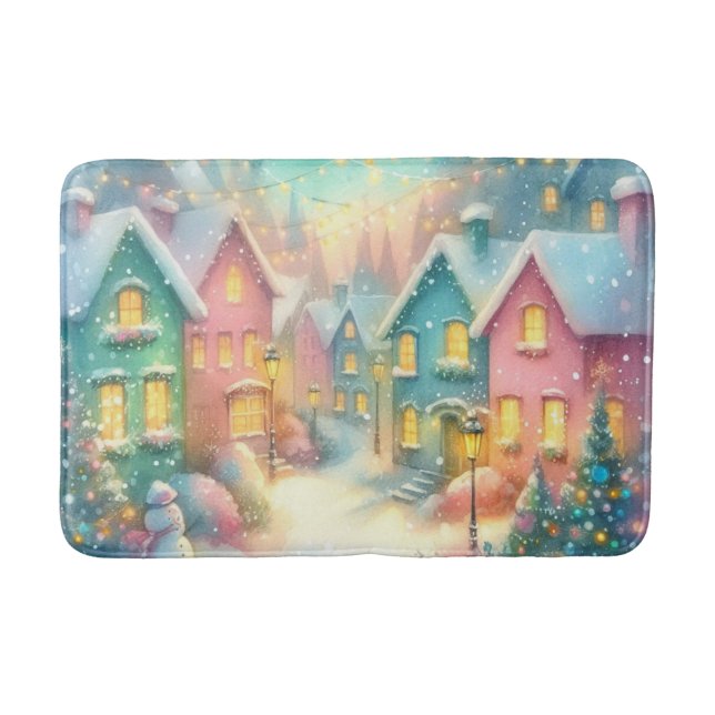 Cozy Christmas Village Illustration | Festive Bath Mat (Front)