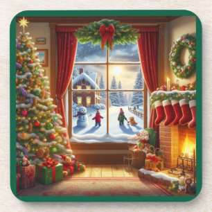 Cozy Christmas Window Scene Coaster