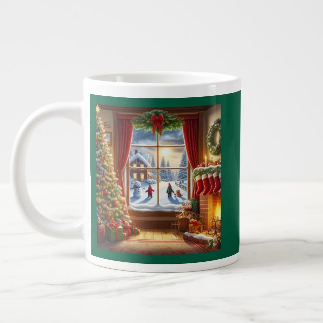 Cozy Christmas Window Scene Large Coffee Mug (Left)