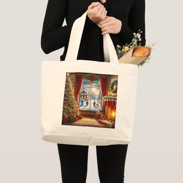 Cozy Christmas Window Scene Large Tote Bag (Front (Product))