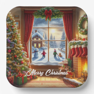 Cozy Christmas Window Scene Paper Plate