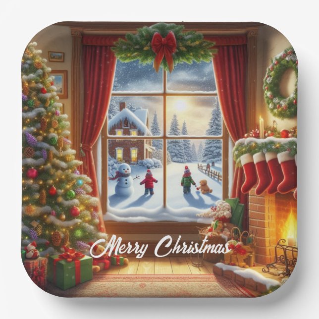Cozy Christmas Window Scene Paper Plate (Front)
