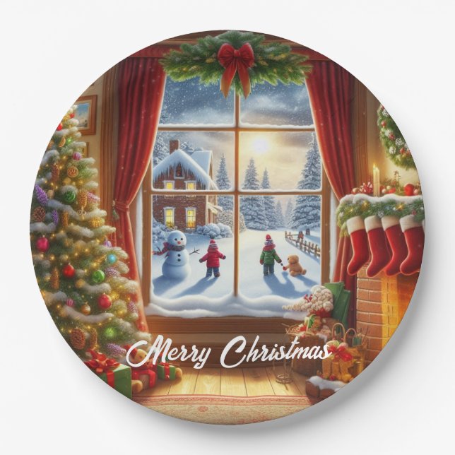 Cozy Christmas Window Scene Paper Plate (Front)