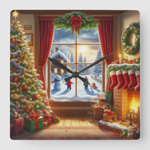 Cozy Christmas Window Scene Square Wall Clock