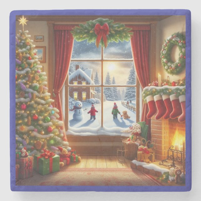 Cozy Christmas Window Scene Stone Coaster (Front)