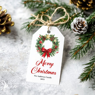 Cozy Christmas wreath gift tag gold accents