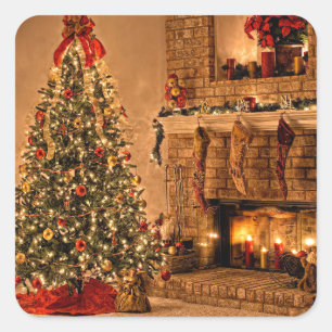 Cozy Chrsitmas Tree Room Square Sticker