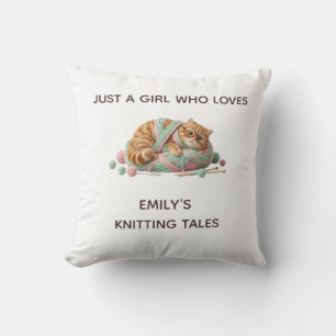 Cozy Chunky Knit Cat Custom Name Knitting Pillow