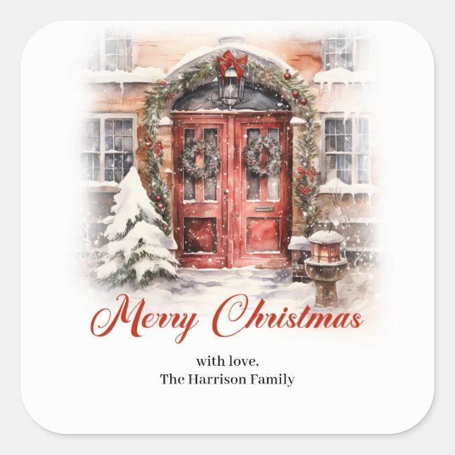 Cozy city festive atmosphere red Christmas door  Square Sticker (Front)