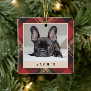 Cozy Classic Red Black Plaid Pet Photo Christmas Ceramic Ornament