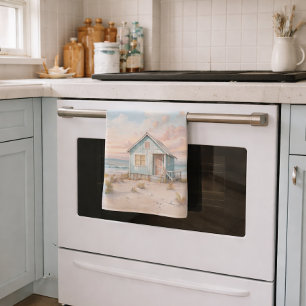 Cozy Coastal Cottage Beach House Watercolor  Kitchen Towel