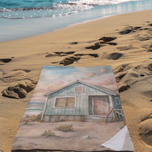 Cozy Coastal Cottage Beach House Watercolor  Towel