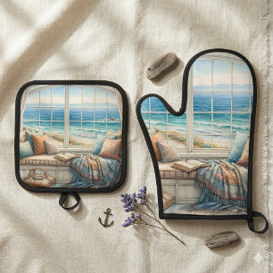 Cozy Coastal Window Seat Cottagecore Oven Mitt & Pot Holder Set
