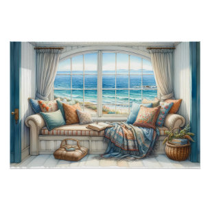 Cozy Coastal Window Seat Cottagecore Poster