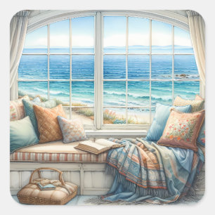 Cozy Coastal Window Seat Cottagecore Square Sticker