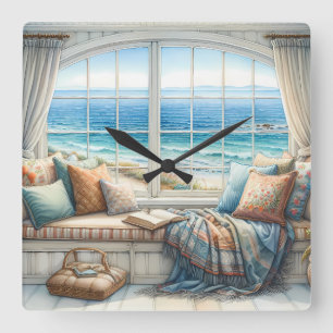 Cozy Coastal Window Seat Cottagecore Square Wall Clock