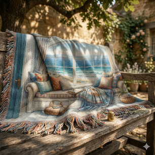 Cozy Coastal Window Seat Cottagecore Throw Blanket
