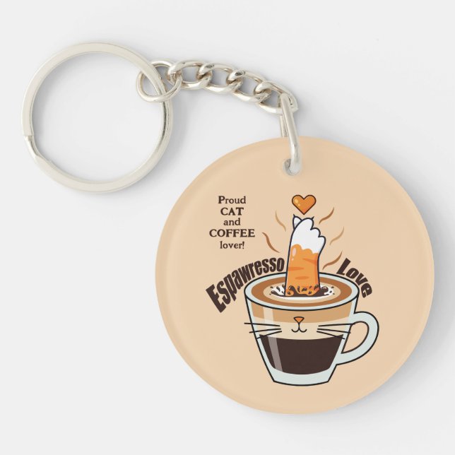 Cozy Coffee and Funny Cat Theme Rustic Custom Keychain (Front)