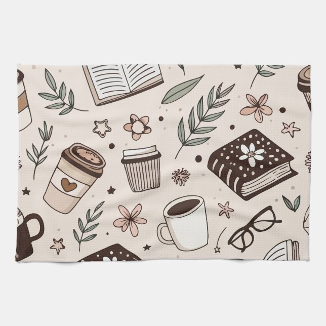 Cozy Coffee & Book Pattern Neutral Aesthetic Kitchen Towel (Horizontal)