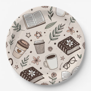 Cozy Coffee & Book Pattern Neutral Aesthetic Paper Plate