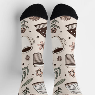 Cozy Coffee & Book Pattern Neutral Aesthetic Socks