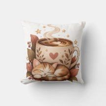 Cozy Coffee Cat Autumn Throw Pillow