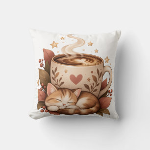 Cozy Coffee Cat Autumn Throw Pillow