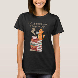 Cozy Coffee Cats Books Cute Cat Lover Teacher Libr T-Shirt
