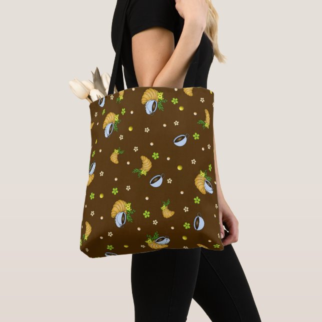 Cozy Coffee & Croissant Floral Pattern | Dark Brow Tote Bag (Close Up)