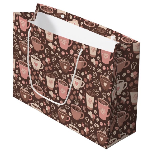Cozy Coffee Cup Pattern (2) Large Gift Bag (Front Angled)