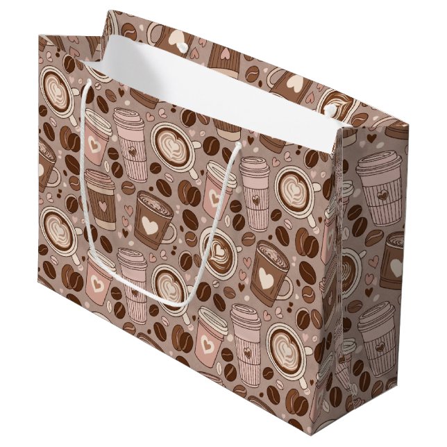 Cozy Coffee Cup Pattern (6) Large Gift Bag (Front Angled)