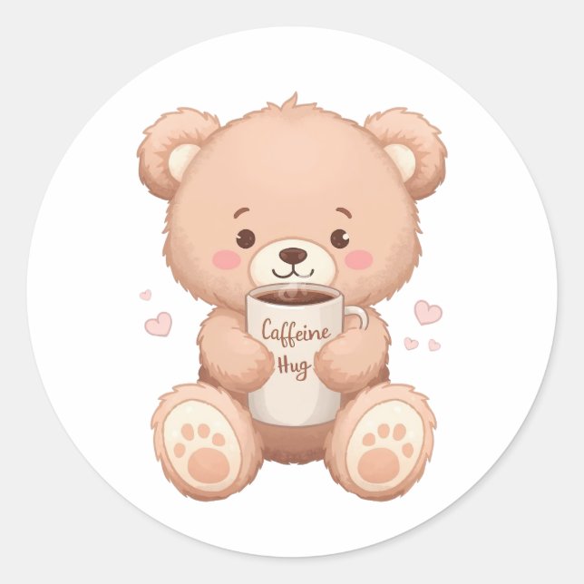 Cozy Coffee Loving Bear Illustration Classic Round Sticker (Front)