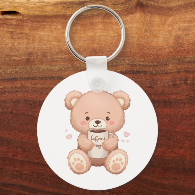 Cozy Coffee Loving Bear Illustration Keychain (Front)