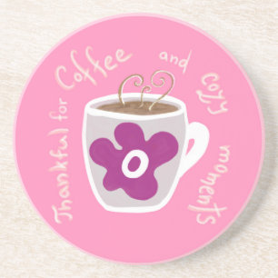 Cozy coffee mug with large flower and quote coaster