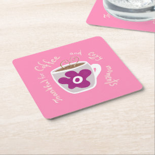 Cozy coffee mug with large flower and quote square paper coaster