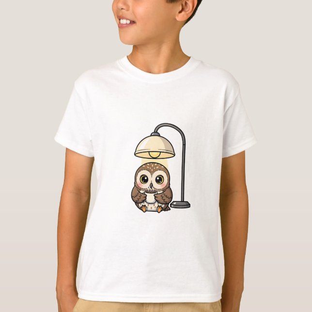 Cozy Coffee Owl Under Lamp Kids T-Shirt (Front)