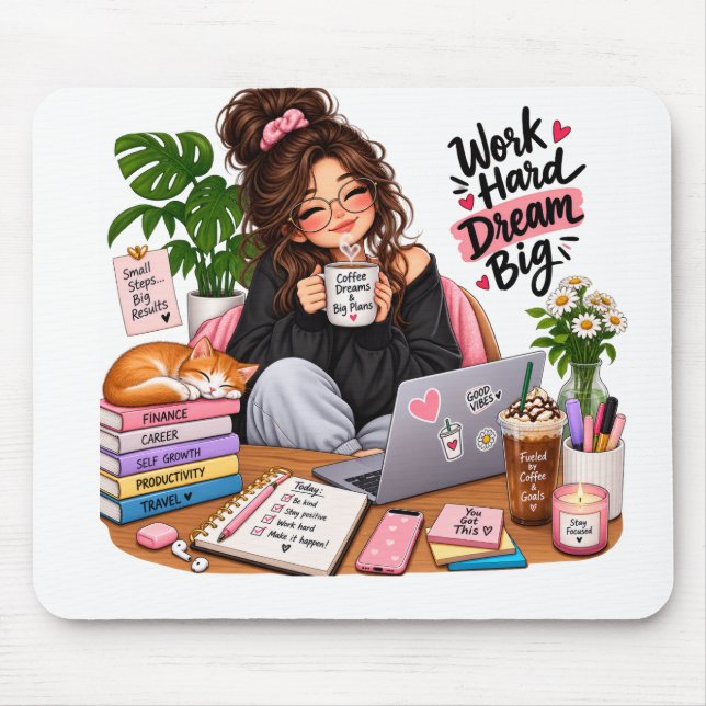 Cozy Coffee Study Girl – Work Hard Dream Big Mouse Pad (Front)